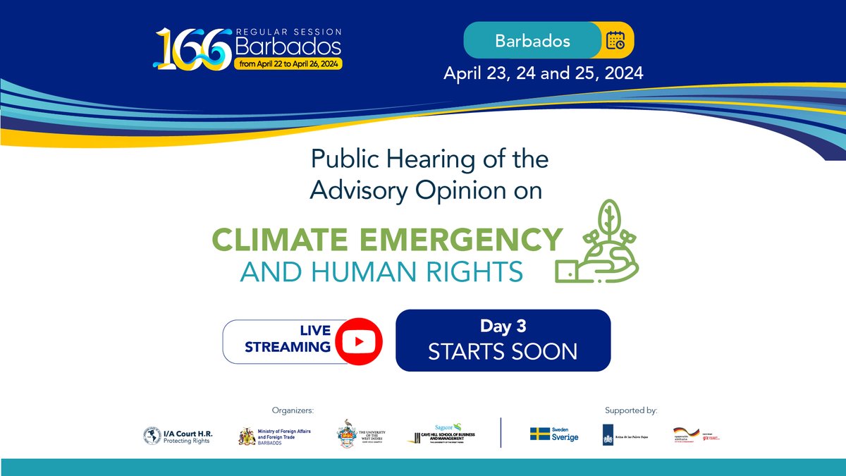 📌It's the final day of the Public Hearing on the Request for Advisory Opinion regarding Climate Emergency and Human Rights. 👩🏻‍💻Dive deeper into the session's agenda: corteidh.or.cr/tablas/166POS-… 🔴Tune in to the broadcast on the I/A Court H.R.'s social media. #166RegularSession