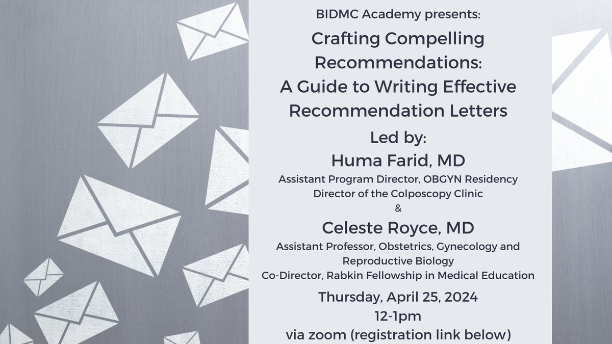 Join us for today's BIDMC Academy presentation: “Recommendations: A Guide to Writing Effective Recommendation Letters” 🗓️ March 25 🕛 12-1pm BIDMC Academy members register: biturl.top/FvmYju Non-BIDMC Academy register: biturl.top/qA3eui