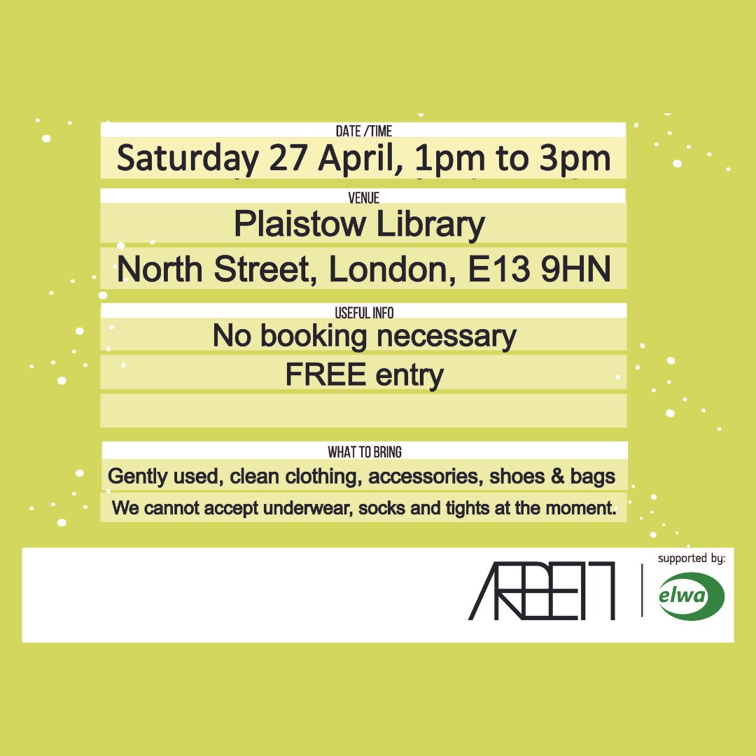 🟢Arbeit will be running a Free Clothes Swap on Saturday 27th April ⏲️1pm-3pm 📍Plaistow Library, North Street, London, E13 9HN. 🟢No booking required ✔️Please bring along gently used, clean clothing, accessories, shoes and bags to swap. More info: 🖱️ow.ly/63um50RnYgG