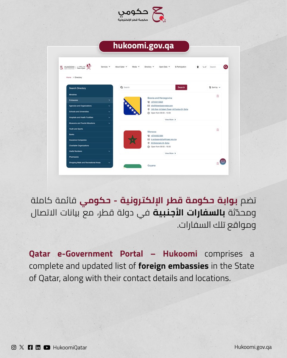 تحقّق من قائمة السفارات الأجنبية في #قطر من خلال الدليل المتاح على بوابة حكومي Check out a list of foreign embassies in #Qatar via the directory available on Hukoomi 🔗 bit.ly/EmbassiesQA