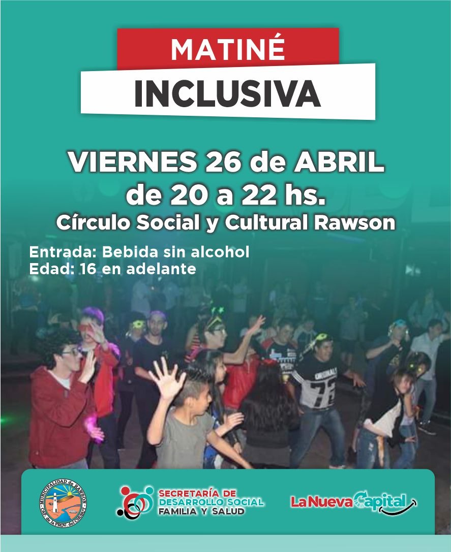 MAÑANA SE REALIZA LA MATINÉ INCLUSIVA 🎉 Este 26 de abril en el Círculo Social y Cultural capitalino se llevará adelante una actividad recreativa destinada a jóvenes con discapacidad.