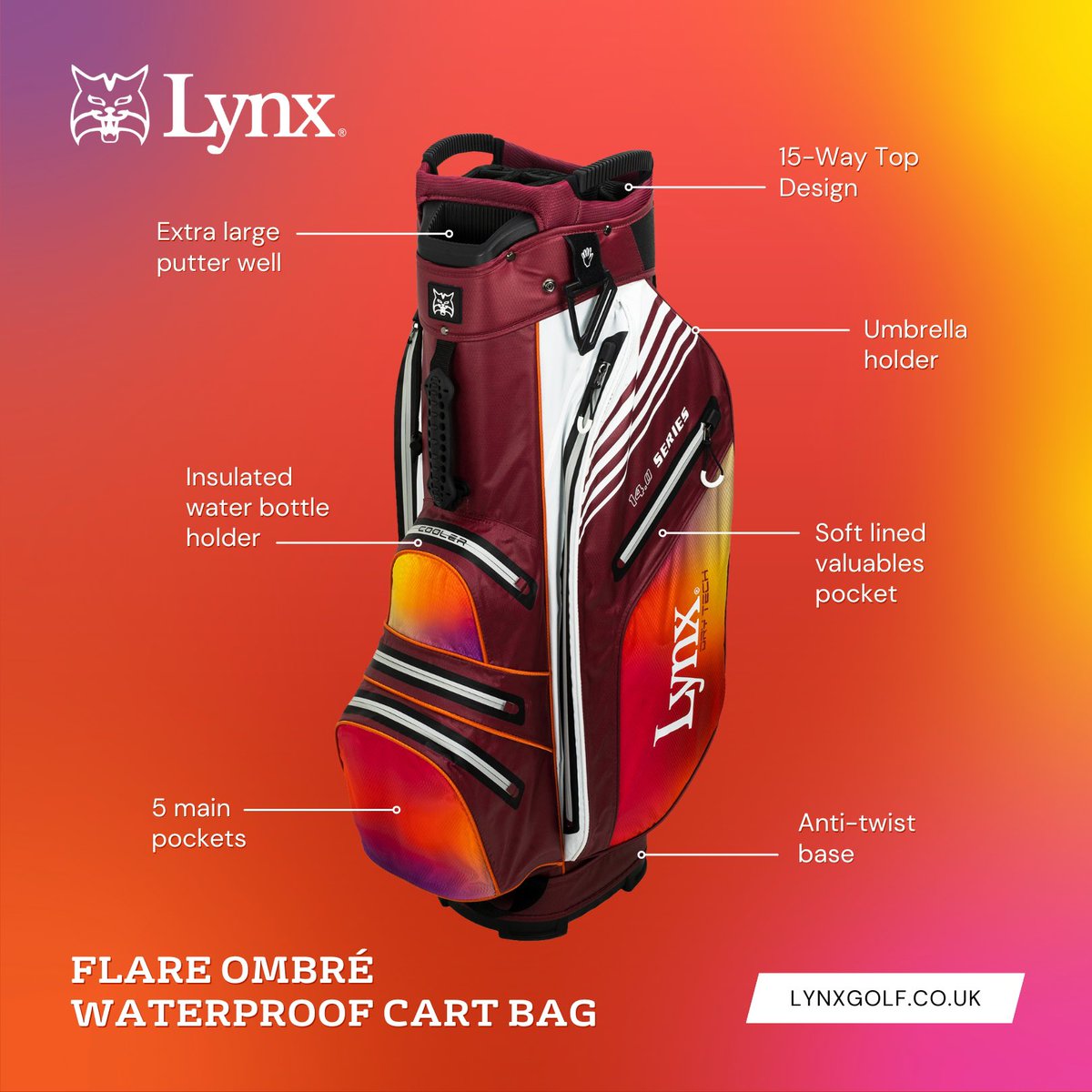 Make a statement on the course with our Flare Ombré Waterproof Cart Bags!🔥⛳ Designed for standout golfers, these bags feature a 15-way top design, integrated handle system, and an array of pockets for all your essentials👏🏼 🇬🇧 lynxgolf.co.uk 🇺🇸 lynxgolfusa.com