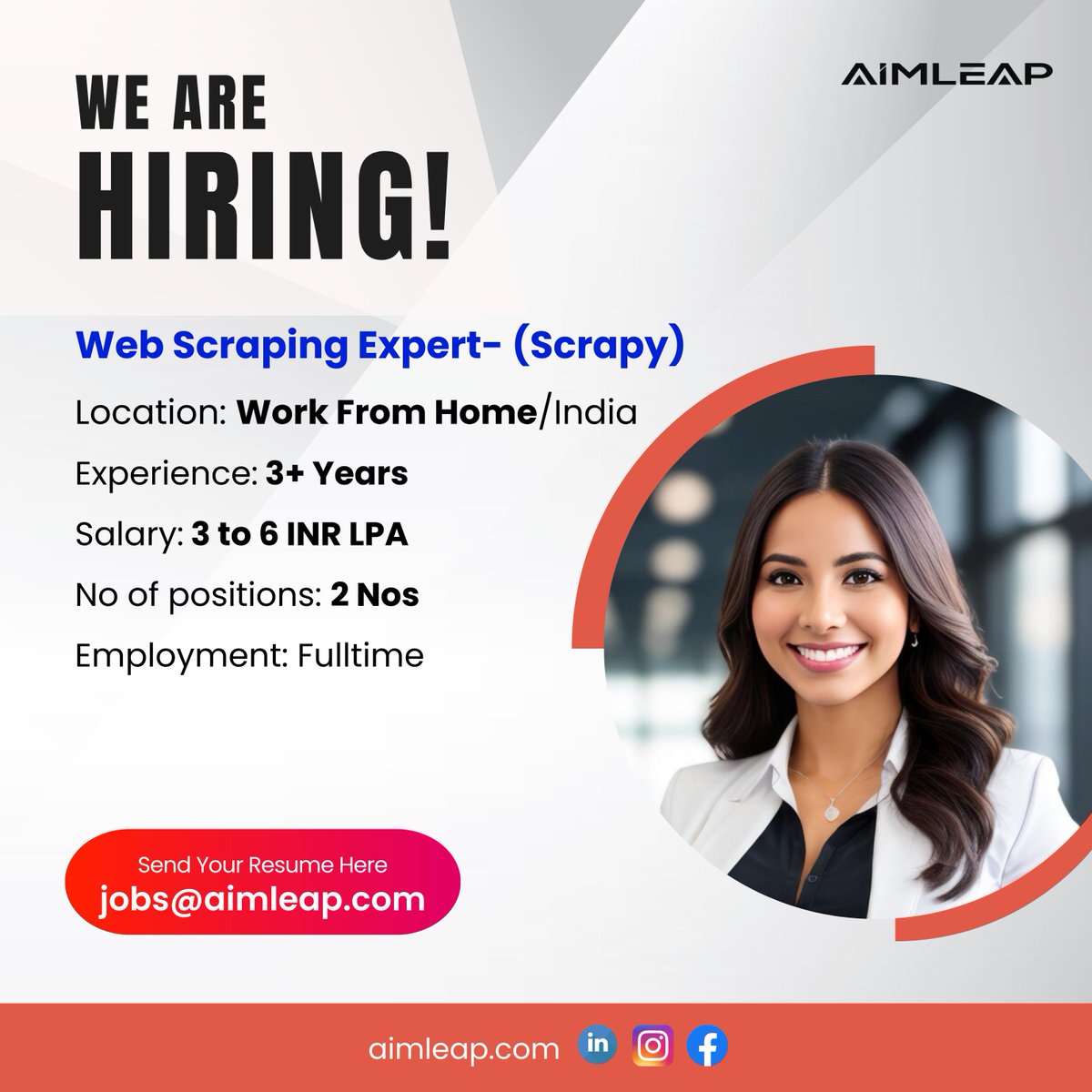 Web Scraping Expert- (Scrapy)
Experience: 2+ Years
Location: Work From Home/India
Salary: 3 to 6 INR LPA
No of positions: 2 No
Industry: Automation/Data Processing
Notice Period: Immediate

#scrapt #webscraping #datamining #dataextraction #sql