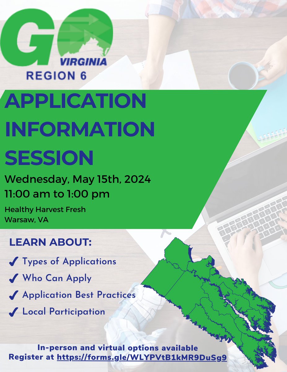 Have questions about the GO Virginia program and what goes into the application process? Our next Region 6 App Info Session will be May 15th at the @healthyhrvst_fb Fresh offices located in Warsaw, VA. Register to attend in person or virtually by May 10th: loom.ly/VKEZua0