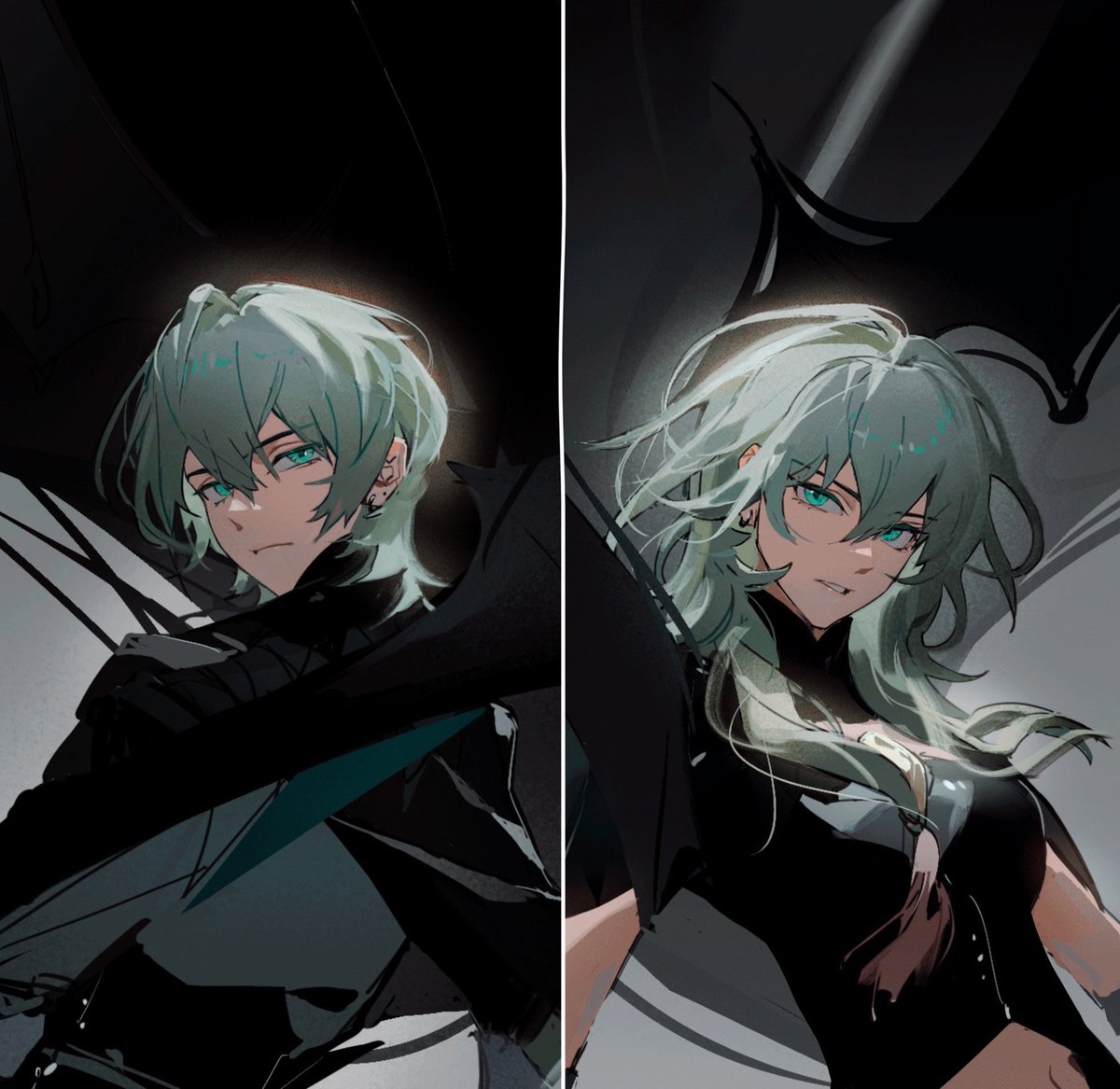 byleth (female) (fire emblem) ,byleth (fire emblem) ,byleth (male) (fire emblem) 1girl long hair breasts looking at viewer short hair 1boy hair between eyes  illustration images