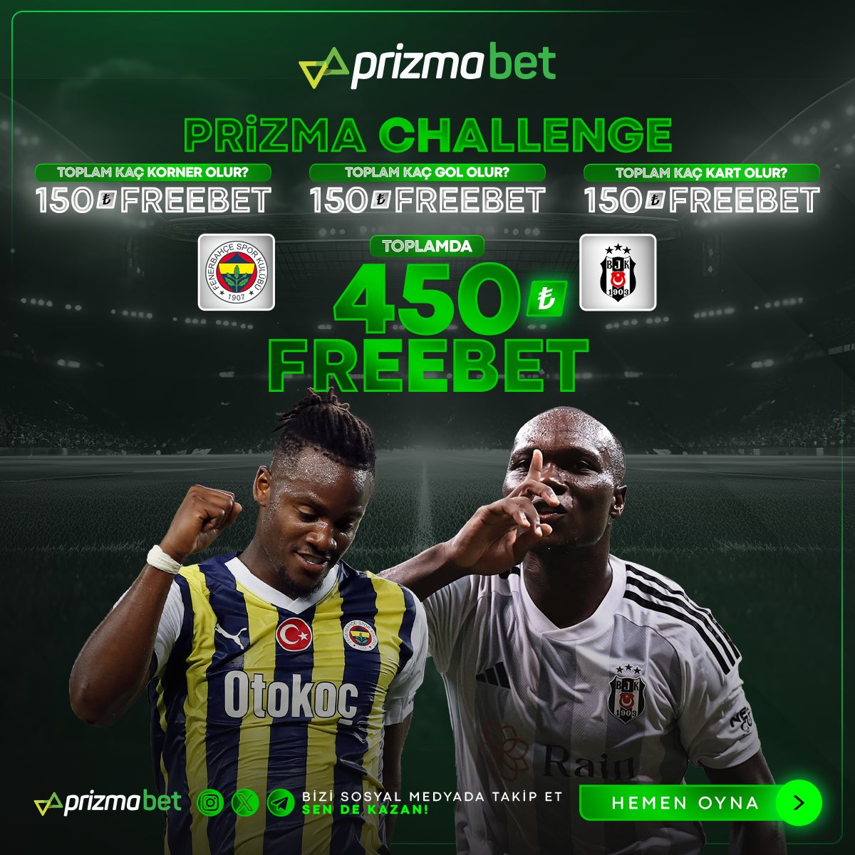 🎊DOĞRU TAHMİN YAPAN HERKESE #450₺ FREE BET ! 🎊 #Fenerbahçe vs #Beşiktaş ✅RT+FAV Yap ve 3 Arkadaşını etiketle ✅Telegram ve Twitter hesabımızı takip etmek zorunludur. 👇Katılım formu: bit.ly/Derbi450TLFree… 👇Telegram : t.me/prizmabetoffic…