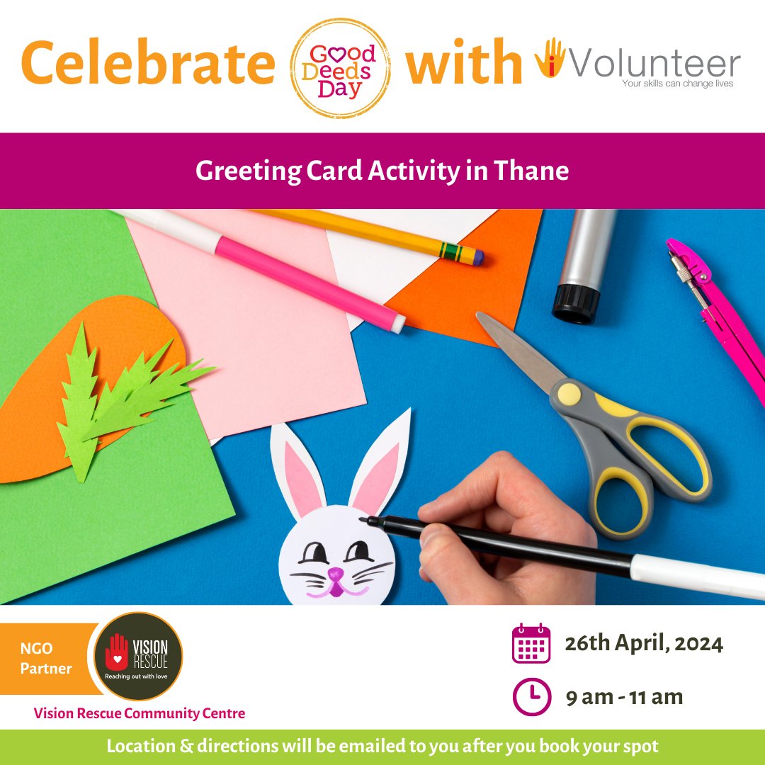 Join us for a Greeting Card Making Activity in Thane Ready to join the fun and make a difference? Reserve your spot now - we only have a few left! ivolunteer.in/opportunity/a0… #iVolunteer #GoodDeedsDay #iVolunteer #SpreadJoy #MakeADifference #VolunteerOpportunity #ThaneEvents