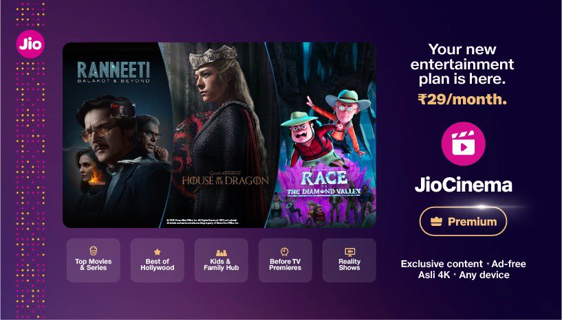 What a great move, #JioCinema… High-quality content at an unbeatable price… The subscription plan at ₹ 29 per month is for every #Indian. #JioCinemaPremium