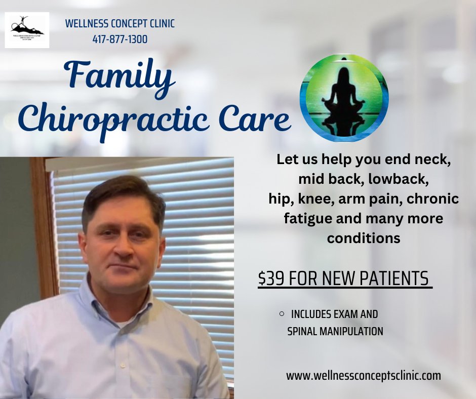 $39 new patient special! Limited time! 
Headaches, neck, back, hip, arms, legs, knee pain.
WE CAN HELP!! 
Call 417-877-1300 for an appointment.
Book online at: wellnessconceptsclinic.com
On the App: WWCLLC
Start feelingbetter today!!