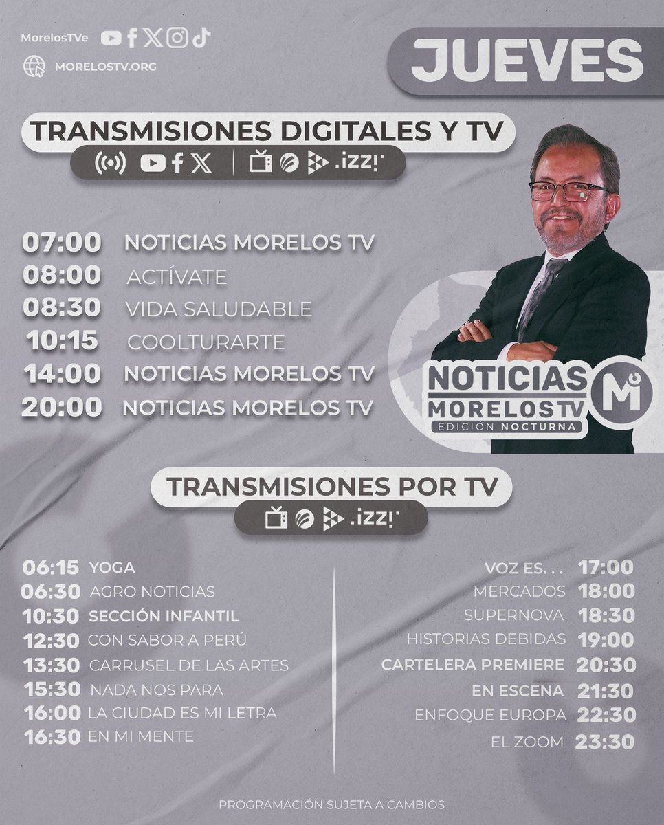 ¡Prepárate para disfrutar de un día lleno de emociones en MorelosTV! 📺✨ Aquí está la programación de hoy que no querrás perderte. #MorelosTV #ProgramaciónDelDía #Entretenimiento