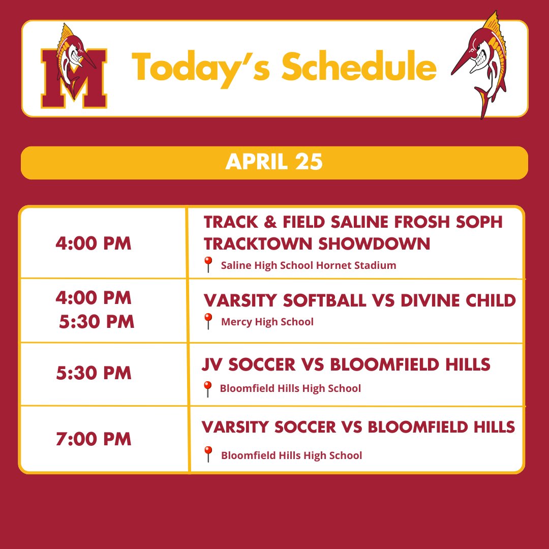 Today's schedule has Mercy Softball at home taking on CHSL rivals Divine Child. Track & Field and Mercy Soccer are on the road. Let's Go Marlins!