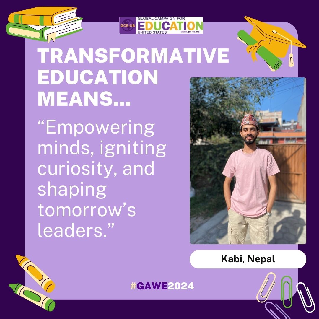 📣 What does 'transforming education' mean to you? 🤝 As part of GAWE 2024, GCE-US asked education activists what this term means to them. We are inspired by the work our colleagues do to make education more equal and accessible. 🧡 Check out the graphic to hear from Kabi!