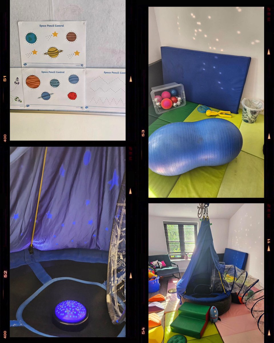 A space themed functional skills session working on foundational movements, postural control, shoulder stability and bi-lateral skills. Finishing the session with vestibular and visual input to aid regulation 😌 
#occupationaltherapist #occupationaltherapy #sensoryintegration