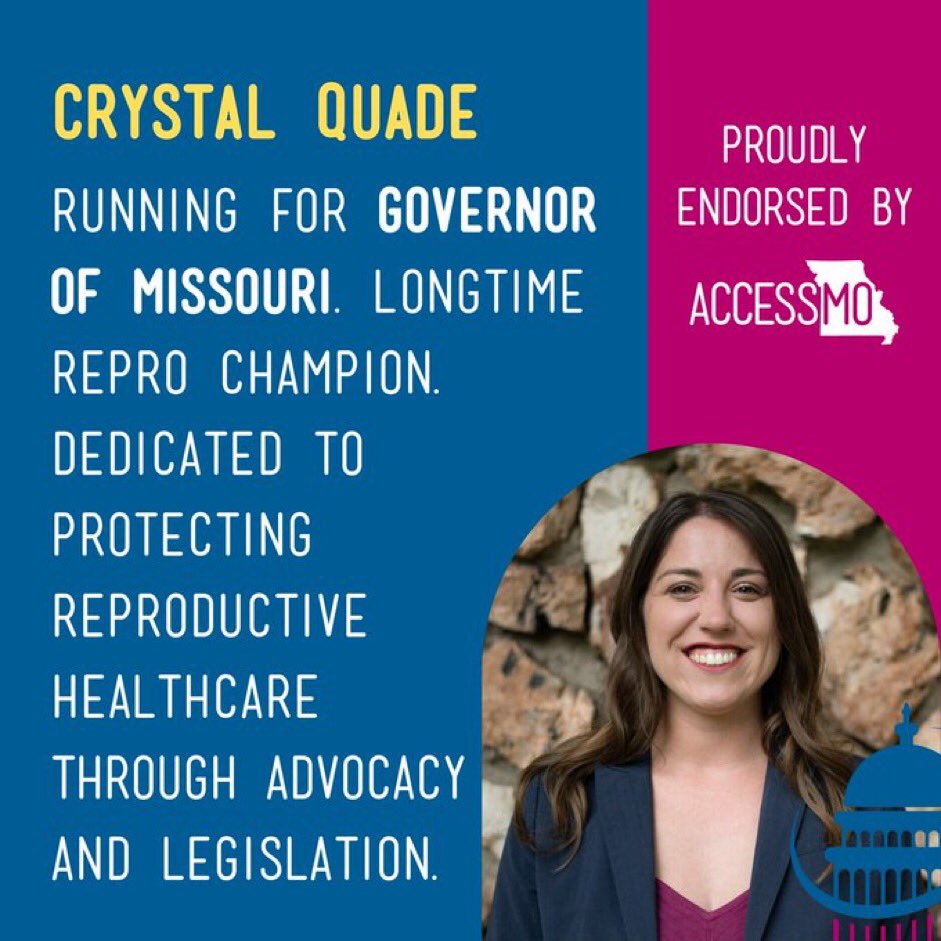 Missouri voters, Crystal Quade is the right choice for Governor. A long-time advocate of women's right to reproductive freedom and bodily autonomy, she works for the PEOPLE as Democratic leader in the State House. Send her to the Governor's office! #USDemocracy #DemVoice1