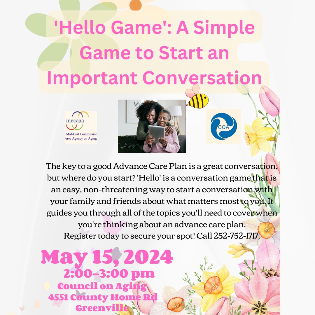 An Advance Care Plan is so important to ensure your wishes are carried out, but sometimes it can be a difficult subject to broach. Join us for this seminar to help lead you through the steps. Call 252-752-1717 to register. #advancecareplan #coa