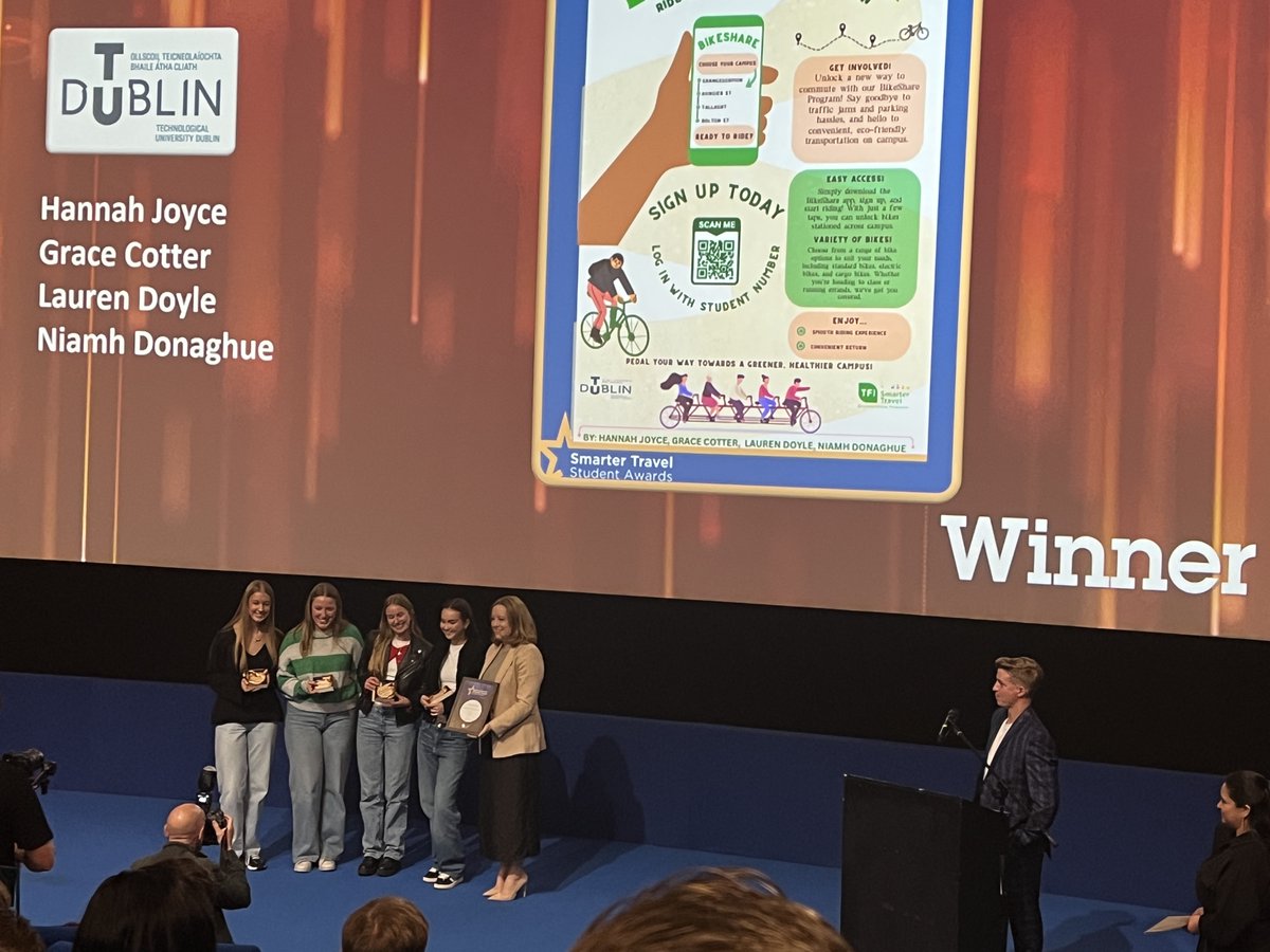 Congratulations to @WeAreTUDublin students Hannah Joyce, Grace Cotter, Lauren Doyle & Niamh Donaghue, their project 'BikeShare' has just won a @TFISmartTravel Student Award in the Social Marketing category under the Marketing & Communication sub-category! #TUDublinSustainability