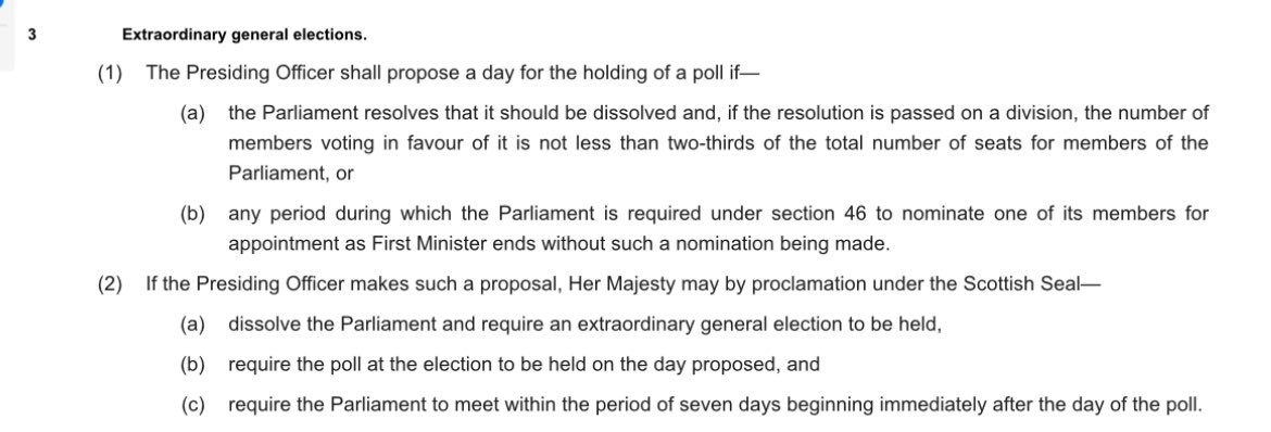 Under section 3 of the Scotland Act 1998, if 2/3 MSPs vote to dissolve or FM unfilled after 28 days then the Presiding Officer proposes a day for an election and the King dissolves Holyrood via Proclamation