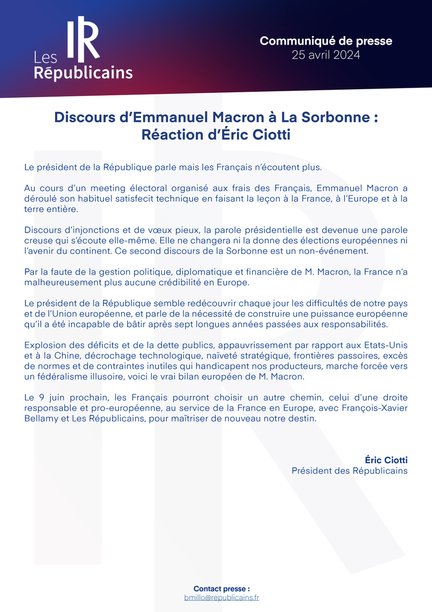 🇪🇺🇫🇷 Le discours d'Emmanuel Macron à a la #Sorbonne est un non-évènement. Par la faute de la gestion politique, diplomatique et financière du président, la France n’a plus aucune crédibilité en Europe. Retrouvez la réaction d'@ECiotti, président des Républicains⤵️