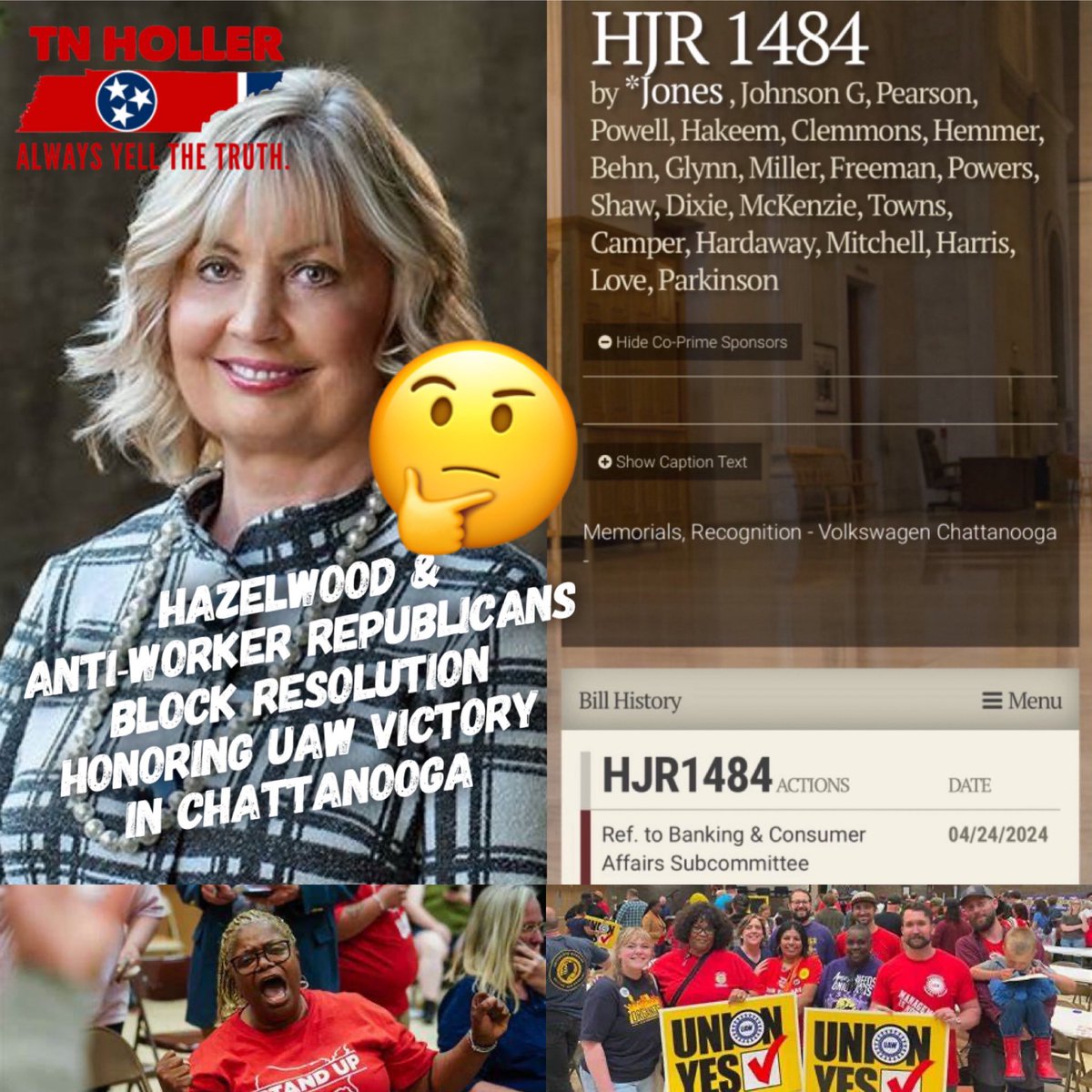 🚧 BLOCKED: @ElectPatsy Hazlewood and the anti-worker @tnhousegop Republicans just blocked and killed a resolution honoring the @UAW victory in CHATTANOOGA, and sent it to a subcommittee (that won’t actually meet)