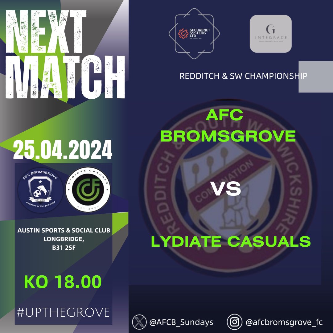 FIXTURE 》

Tonight we’re back in league action after Tuesday nights narrow defeat, the league title is now out of reach but the lads are keen to finish as high as possible and build momentum for our upcoming cup finals!

All support appreciated 👏🏽

#UpTheGrove🦁

<a href="/Randswcl/">Redditch & SW League</a>