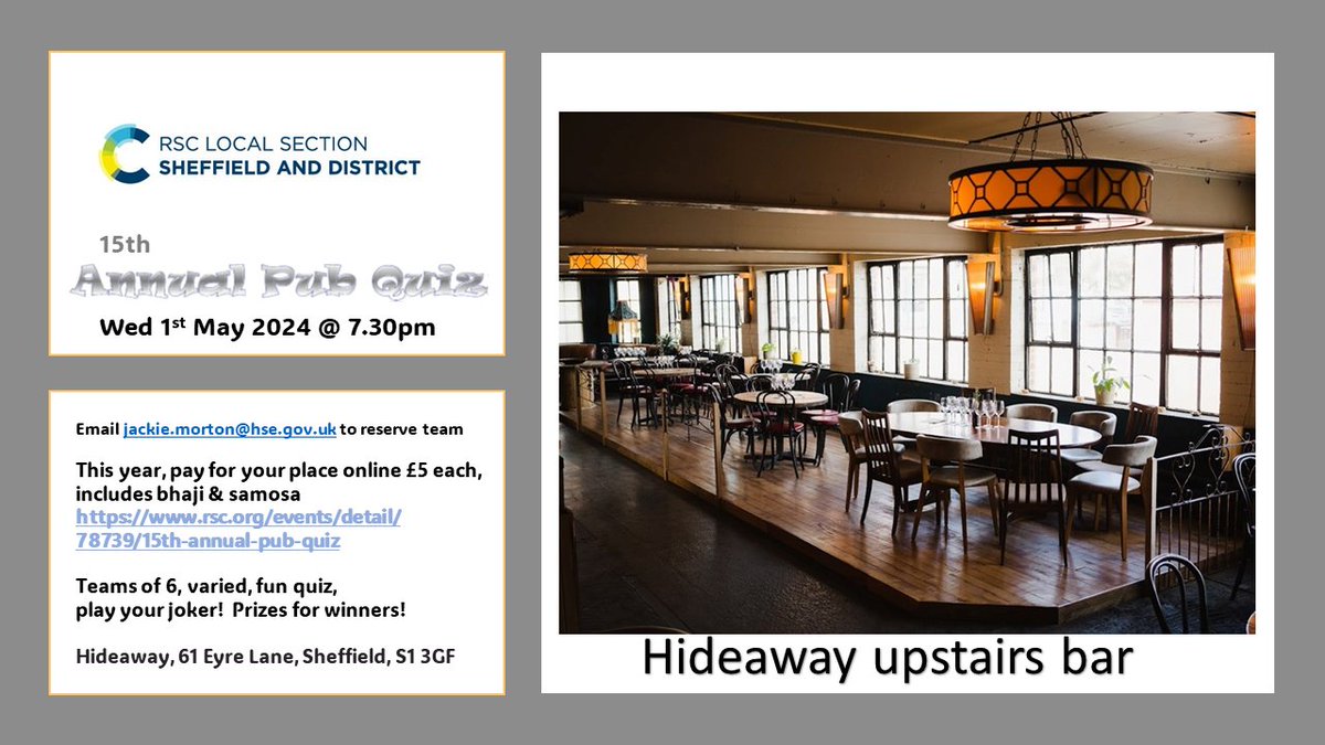 Deadline for entering a team for the 15th annual pub quiz is tomorrow! <a href="/Shu_bio/">Biosciences @ Hallam</a> <a href="/shuchem/">Chemistry @ Sheffield Hallam</a> <a href="/UOSChemSoc/">ChemSoc</a> <a href="/SciOutreachShef/">Science Outreach Team</a> @UoSChemistry rsc.org/events/detail/…