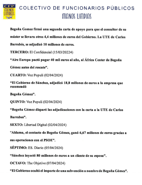 Ayer por la noche me entró curiosidad y me leí la espectacular denuncia de Manos Limpias contra Begoña Gómez, he investigado y he ido buscando artículo por artículo todos los que este 'sindicato' aporta como 'pruebas'. Agarraos que vienen curvas.