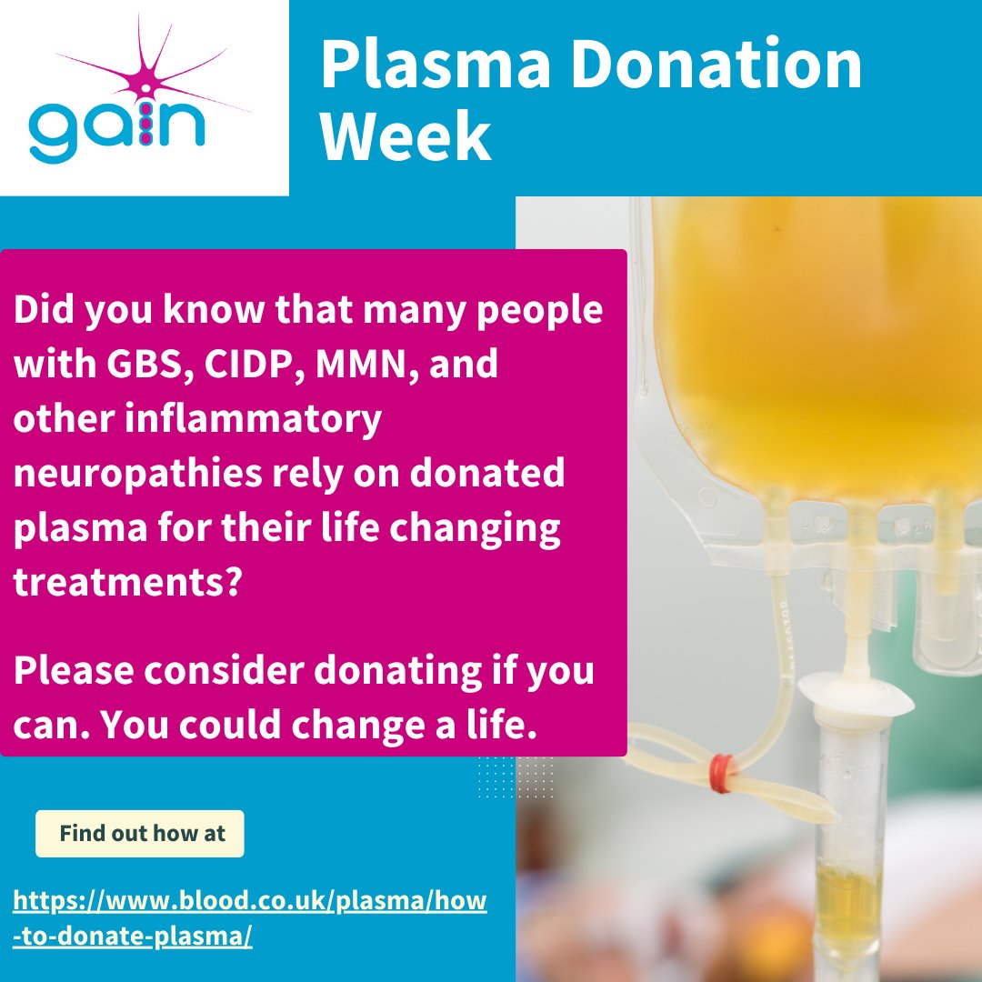 InflamNeuroUK's tweet photo. It's #PlasmaDonationWeek, so if you can, please consider signing up to donate plasma. Plasma is used in the treatment of many people with #GBS #CIDP and other conditions, and your donation may change someone's life. To find out how to donate visit https://t.co/qMeRG5VSbM https://t.co/1j4HlNUusW