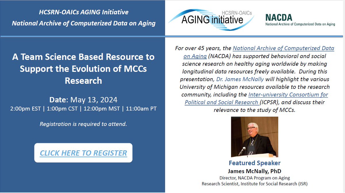 Please join @AgingInitiative on Monday, May 13th at 2pm ET as James McNally, PhD presents 'A Team Science Based Resource to Support the Evolution of MCCs Research.' Learn more/Register here: umassmed.zoom.us/webinar/regist… #Delirium