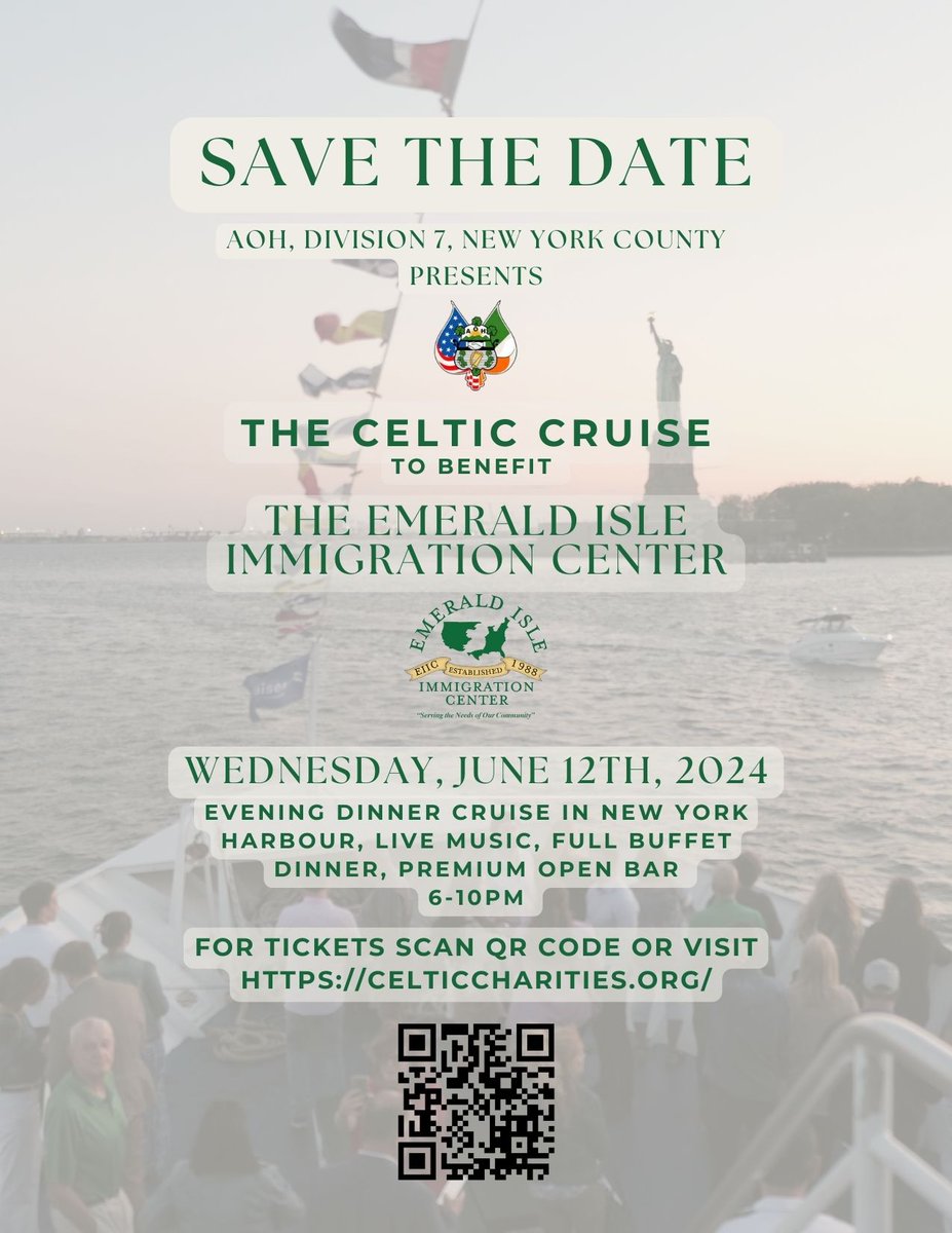 Save the Date: The Celtic Cruise: Wednesday, June 12, 2024 Please join us for a wonderful evening. Donations will directly benefit our organization's mission. Tickets on sale at: celticcharity.com #CelticCruiseNYC #EIICNY #IrishinNY #Community