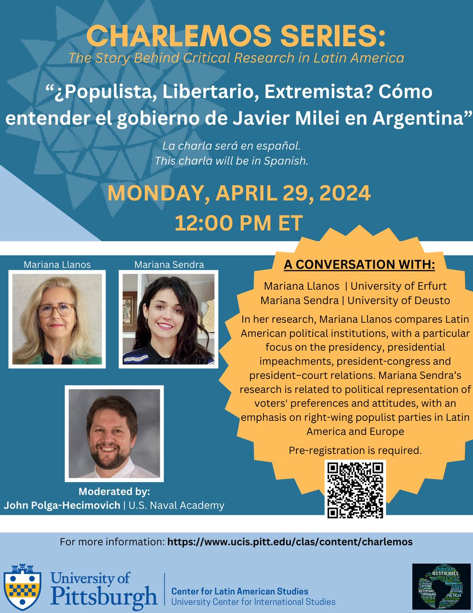 Es Milei un: populista? Libertario? Extremista? De todo un poco? Un panel de lujo lo conversará en el próximo Charlemos. Con @MarianaLlanosHa @mariana_sendra @jpolga el lunes, 26 de abril. No te lo pierdas!