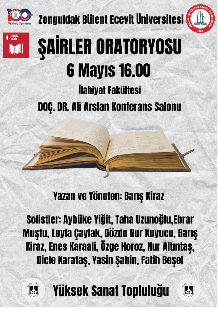 📢 “Şairler Oratoryosu” 🗓️ 6 Mayıs 2024 🕰️ 16.00 🏫 Doç. Dr. Ali Arslan Konferans Salonu #ZBEÜ @ihozolcer @KutogluhHakan @bhbakkal1