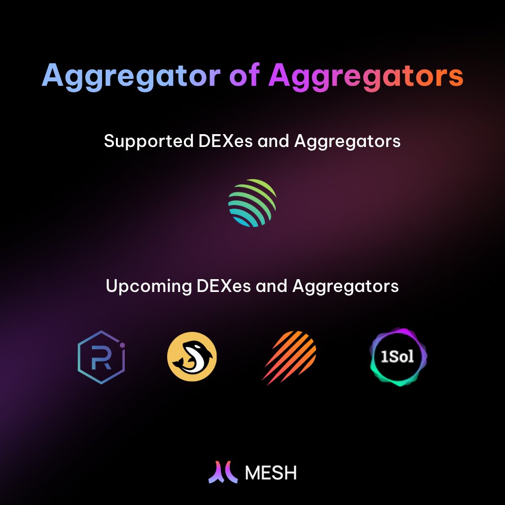 Mesh_Protocol's tweet image. Introducing Mesh&apos;s Aggregator of Aggregators featuring the current DEX Aggregator support from @JupiterExchange, with even more exciting upcoming integrations, including @orca_so, @RaydiumProtocol, @MeteoraAG, and @1solProtocol.
Launching on 30th April &apos;24 💫

#Solana…
