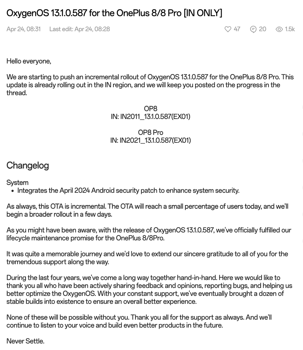 RaghavTechie's tweet image. OnePlus 8 and OnePlus 8 Pro receive the latest April 2024 android security patch.
This update also marks the end of the update lifecycle for both phones.

#OnePlus #OnePlus8 #OnePlus8Pro
