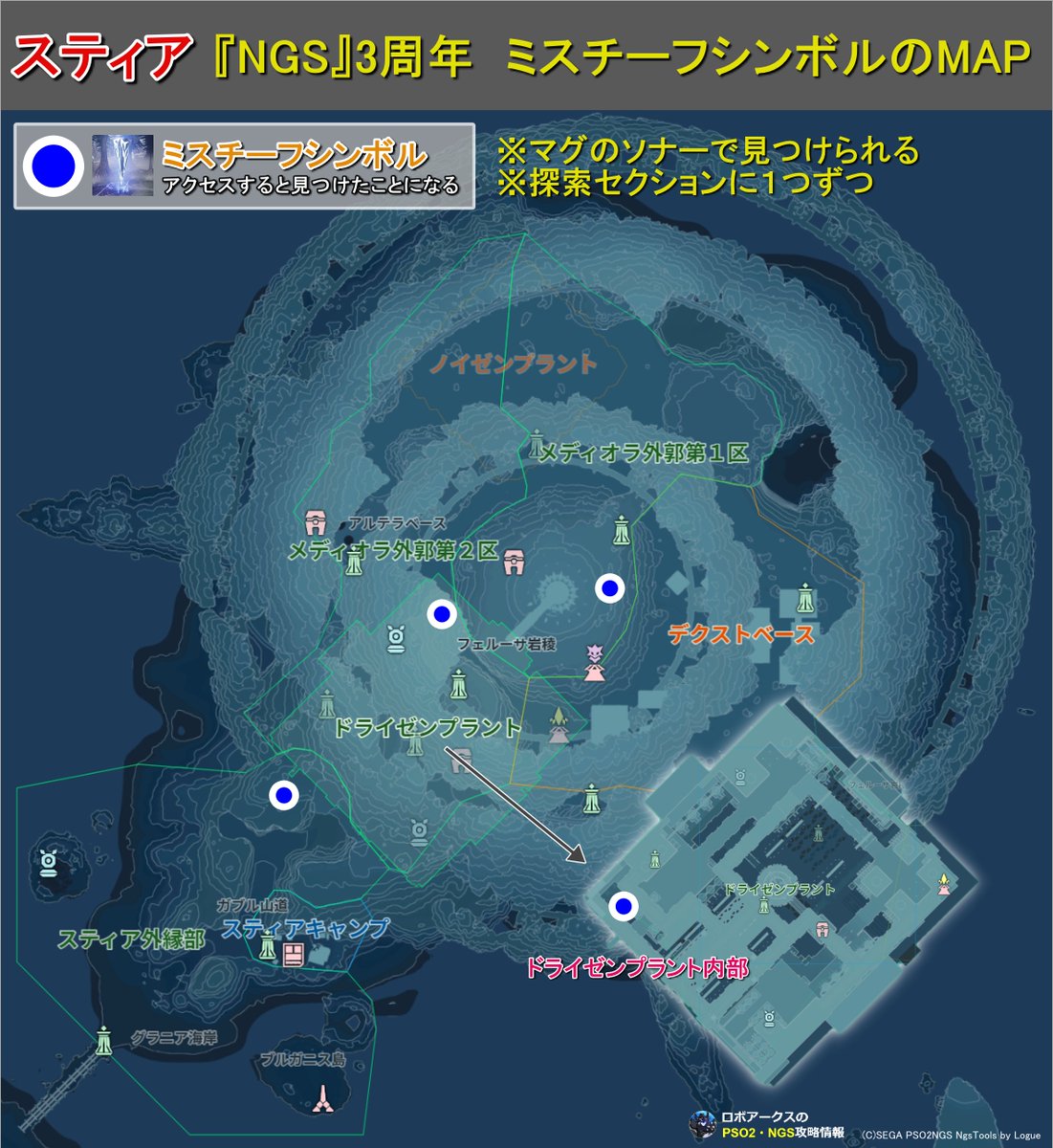 Ryune_zoldark's tweet image. 『NGS』3周年イベントのミスチーフシンボル場所をまとめ

🔽ミスチーフシンボル一覧
pso2roboarks.jp/ngs/mischief-s…
・6/5(水)ﾒﾝﾃまで
・全リージョン探索セクションに1か所づつ
・合計19。実は1年前と同じ
・称号に必要な4か所でOK
忘れずに！
#PSO2NGS #NGS