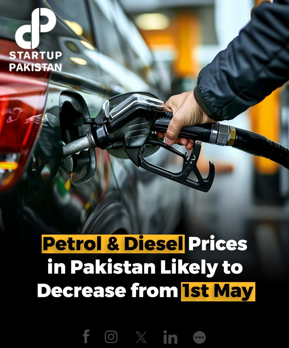 PakStartup's tweet photo. Petrol &amp; Diesel Prices in Pakistan Likely to Decrease from 1st May

Read Details:https://t.co/jwac0Tsefn
#Petrol #prices #decreases #Pakistan https://t.co/hlH7fEE53y