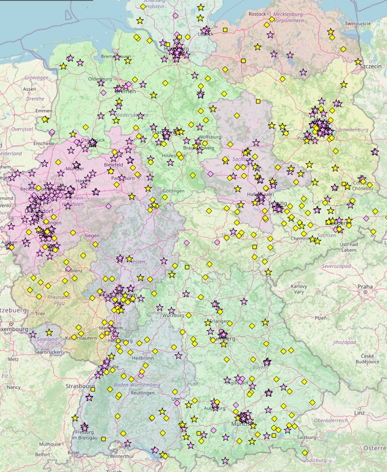 Karte mit allen tödlichen Fahrradunfällen durch Rechtsabbiegen oder Rammen-/Streifen von hinten seit 2013. Was fällt euch auf? (Stern= LKW, Raute=PKW, rosa=Rechtsabbiegen, gelb=Auffahren von hinten) qgiscloud.com/radunfaelle/un…