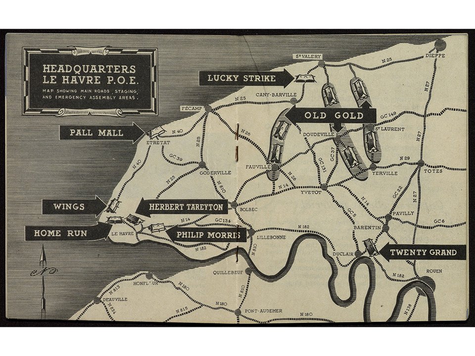 For security reasons, staging camps set up near Le Havre and Marseilles in 1944 were named after cigarette brands. Camp Lucky Strike was the largest 'cigarette camp' (c. 60K). These tent cities later became assembly points for newly-liberated American POWs awaiting repatriation.