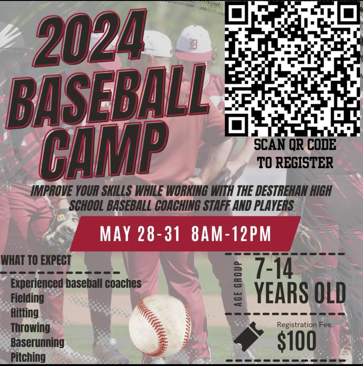 Here is the flyer to register for 2024 DHS Baseball Camp.  Camp format and activities will be a little different this year due to facilities upgrades, but we will still make it happen!  Use the QR code to register.  If you have any questions, feel free to contact Coach Mire!