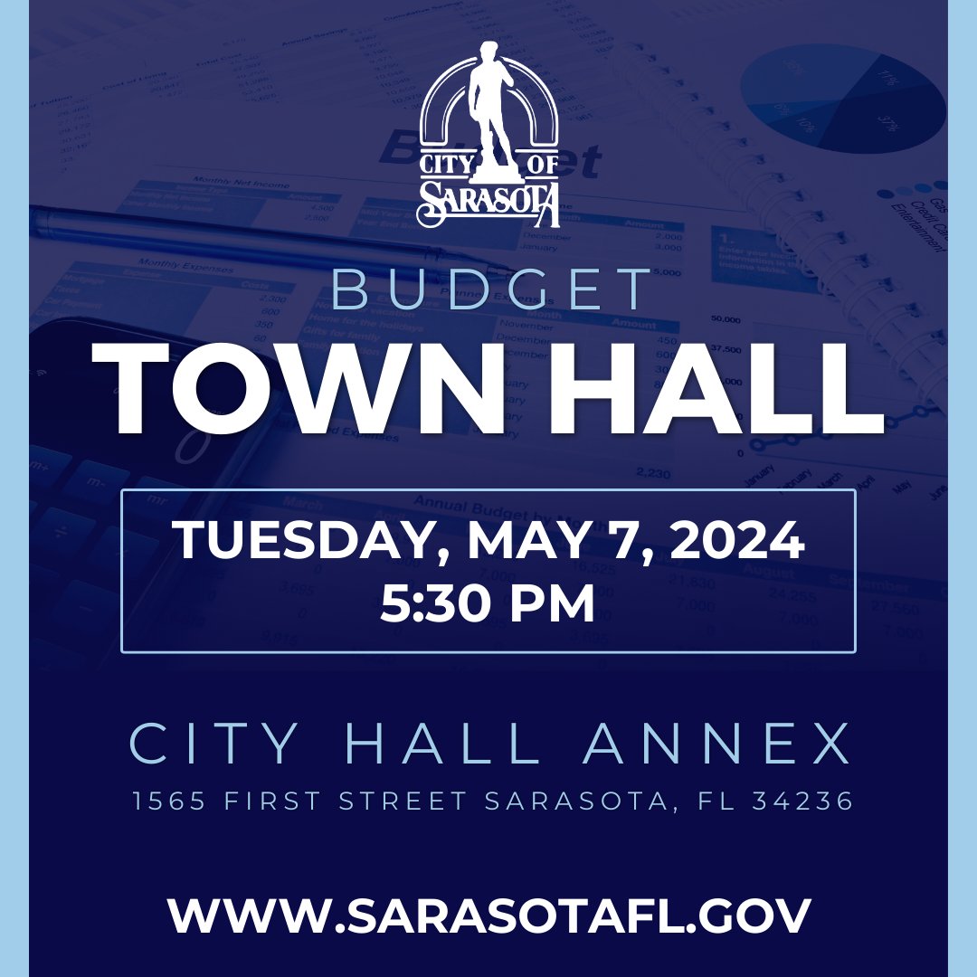 You're invited to learn about our annual budget process! 🗓️ Tuesday, May 7 ⏰ 5:30 pm 🏢 City Hall Annex - 1565 First Street More info: sarasotafl.gov/Home/Component…