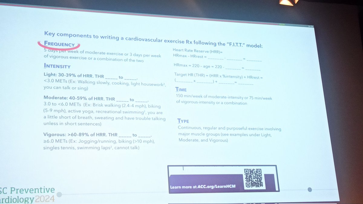 #ESCPrev2024 @mmartinezheart shows how to prescribe #exercise to #hypertrophyc #cardiomyopathy patients ❗consider all the pts characteristics 📝use the FITT model ⚠️suggest an emergency plan @jonathankimmd @s_gati @gherardobis @DAntonakaki @FlavioDascenzi @El_Cavarretta