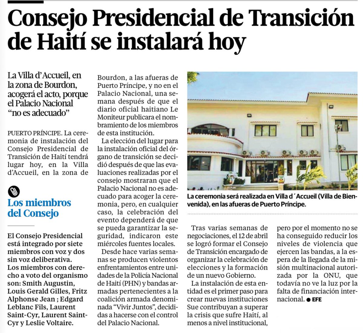 La ceremonia de instalación del Consejo Presidencial de Transición de #Haiti tendrá lugar #hoy , en Villa d'Accueil, en la zona de Bourdon, a las afueras de #PuertoPríncipe y no en el #PalacioNacional.