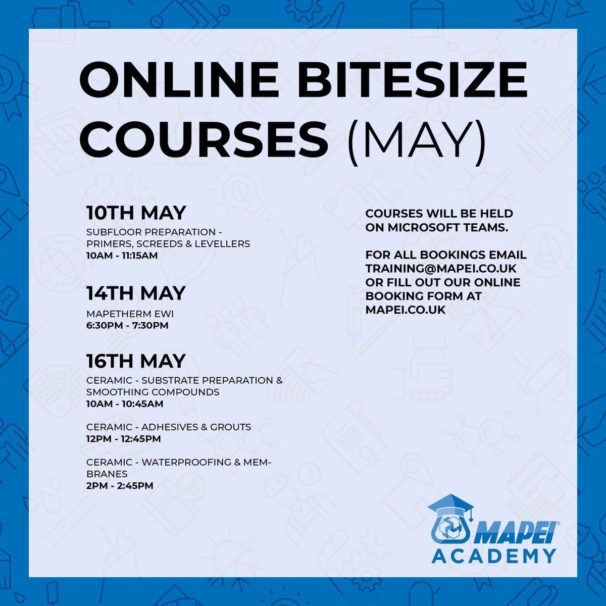 All of our #online bitesize #training courses are free, If you would like to attend, simply visit buff.ly/3Jd6UOh or email the team directly on training@mapei.co.uk

#tiling #substrate #screed #waterproofing #flooring #EWI #coatings #render #ThermalInsulation #insulation