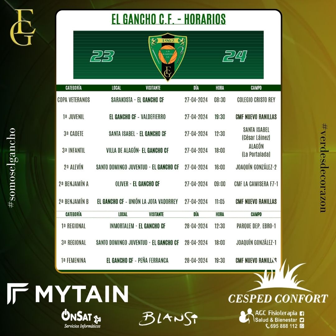 elganchocf's tweet photo. ¡HORARIOS! ⏰
Última jornada de liga para varios de nuestros equipos; Alevín, Infantil y Femenino.
No olvidéis el paraguas, por si acaso ☔️
¡Aúpa El Gancho! 💚
#somoselgancho #verdesdecorazon https://t.co/4EQLImuTlP