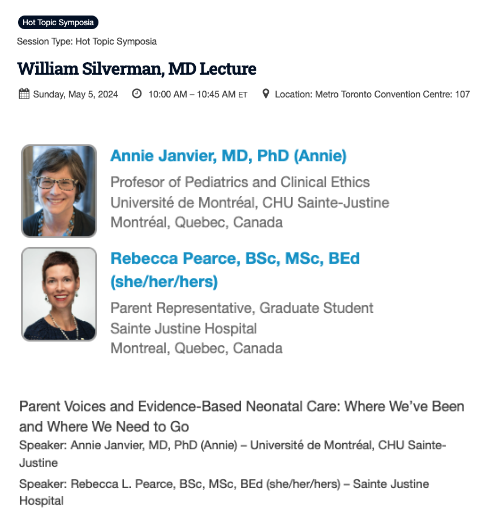 A highly recommended lecture @PASMeeting - William Silverman, MD Lecture Award featuring good friend Dr. Annie Janvier, and parent representative Mrs. Rebecca Pearce. This lecture will profoundly influence your practice and perspective on neonatology cdmcd.co/mRXWq8