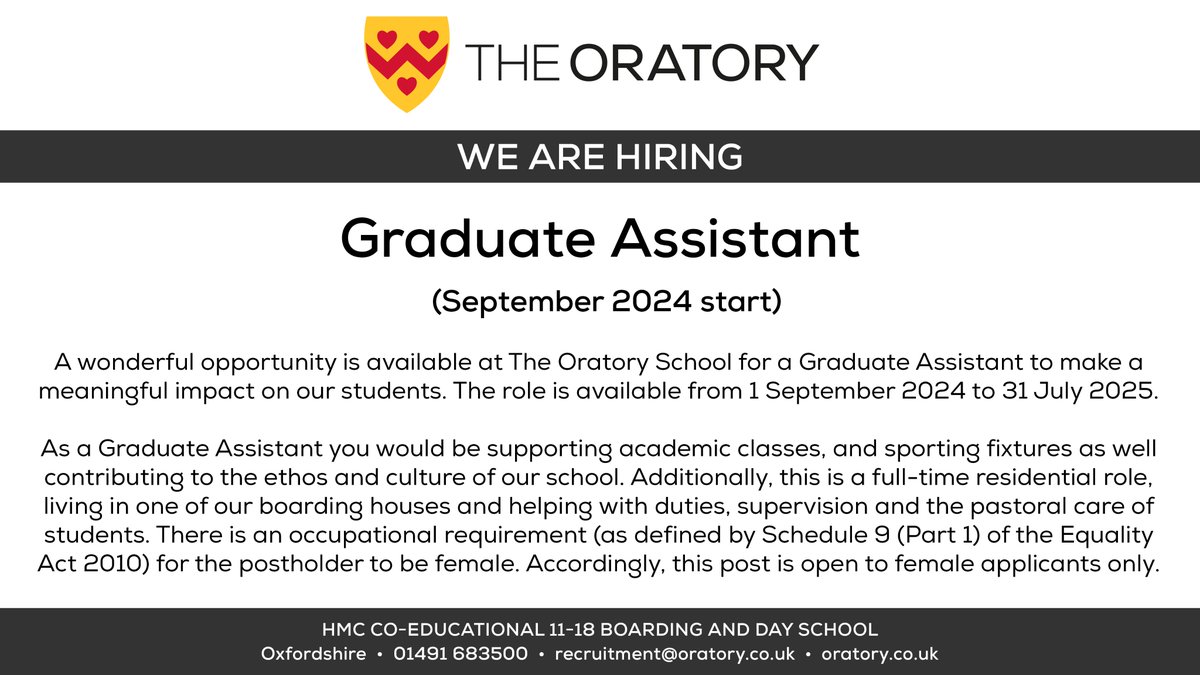 The Oratory School is looking to recruit a Graduate Assistant. Find out more: bit.ly/OSEmployment #OratoryJobs #OratoryRecruitment #JobVacancy #TeachingJobs @HMCTeachingJobs @CISCSchools