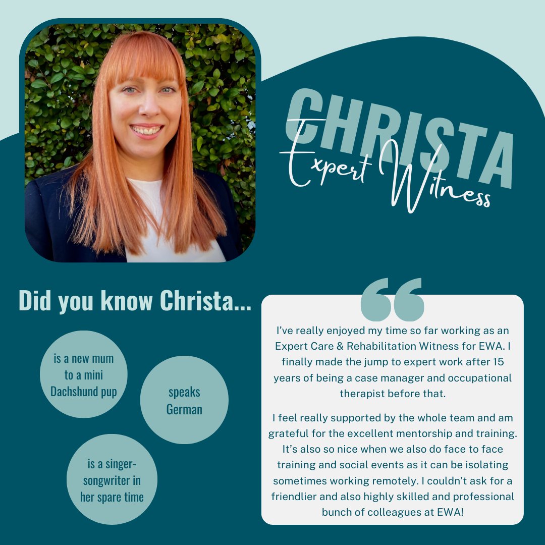 Meet Christa, an expert in EWA’s #medicolegal team. With years of experience as an #occupationaltherapist, Christa brings unparalleled expertise to every report she writes. Plus, she has an adorable dachshund puppy!!

#MeettheTeam #ExpertWitness #DachshundLove