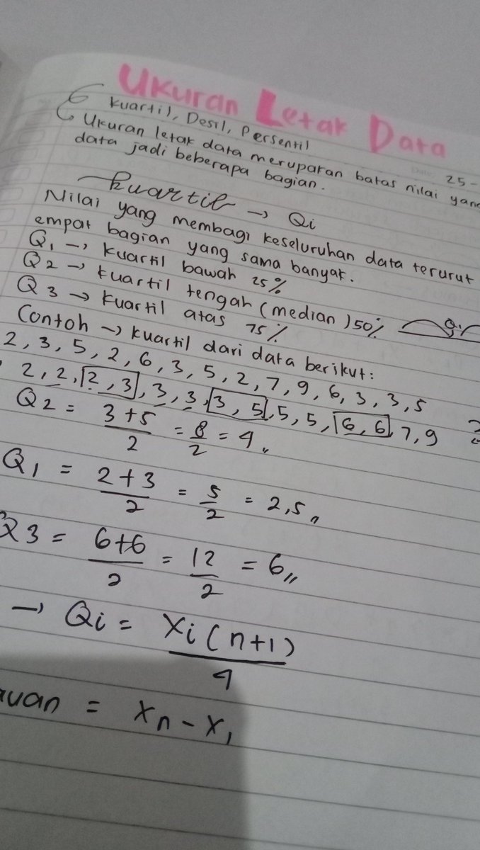 [25-04-2024]

Haii ฅ'ω'ฅ
Hari ini aku lanjut belajar mtk kemarin tentang kuartil, desil&amp;persentil😲😲😲
Oh ya disekolah juga aku belajar vektor buat persiapan masuk kelas 11 😉😉😉
#studypogress 
#studytwt