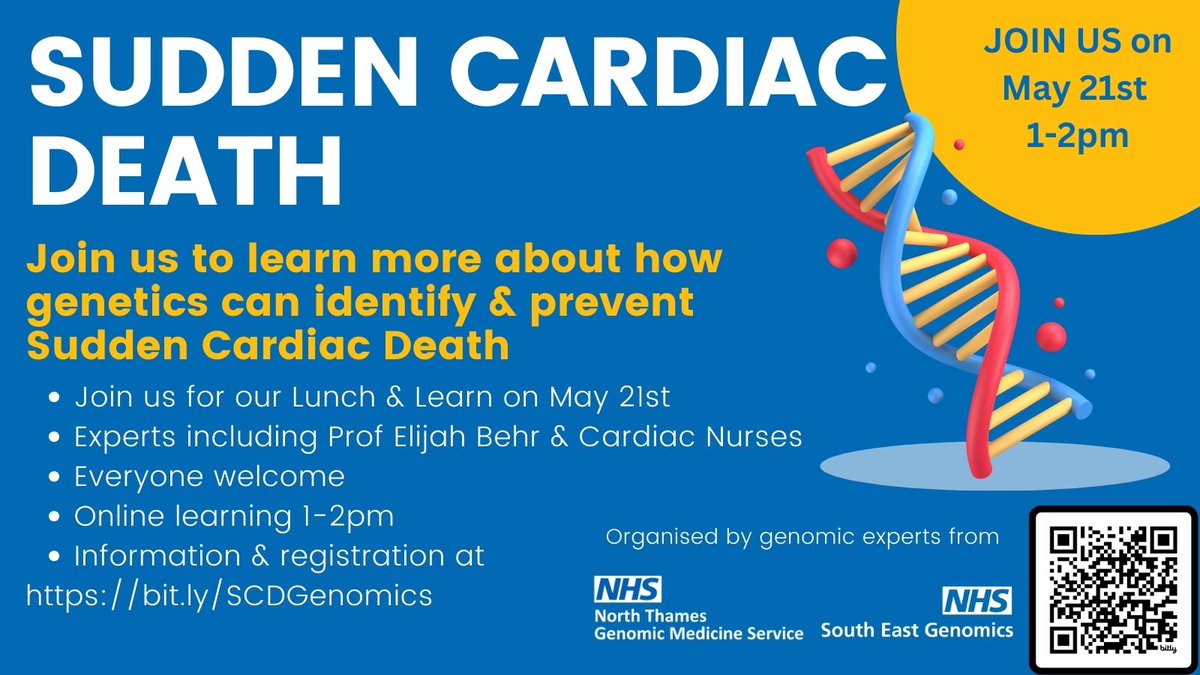NHS South East Genomic Medicine Service (@segenomics) on Twitter photo Join us + <a href="/BehrElijah/">Elijah Behr</a> Prof of Cardiovascular Medicine from @StGeorgesTrust to hear more about our work to identify & prevent Sudden Cardiac Death
Also sharing their knowledge is Claire Kirkby, an Inherited Cardiac Nurse & <a href="/Drstevenjcox/">Dr Steven Cox</a> from <a href="/CRY_UK/">CRY</a>
bit.ly/SCDGenomics Join us + <a href="/BehrElijah/">Elijah Behr</a> Prof of Cardiovascular Medicine from @StGeorgesTrust to hear more about our work to identify & prevent Sudden Cardiac Death
Also sharing their knowledge is Claire Kirkby, an Inherited Cardiac Nurse & <a href="/Drstevenjcox/">Dr Steven Cox</a> from <a href="/CRY_UK/">CRY</a>
bit.ly/SCDGenomics
