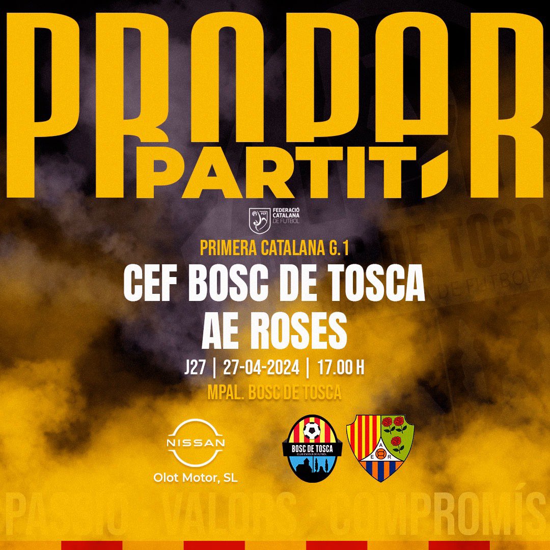 ⚔️ PROPER PARTIT

🗓️ DISSABTE 27 d'abril
⏰ 17.00 h
🆚 <a href="/AEROSES_1921/">AEROSES</a> 
📍 Mpal. Bosc de Tosca

#1Cat1 #BDT1978