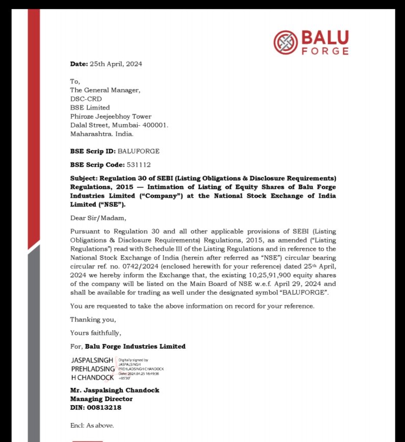 Balu forge 

BFL listed in NSE 

29April  2024
#BFL